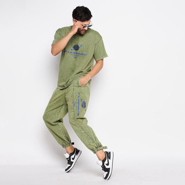 Green Acid Wash Tshirt and Trackpants Clothing Set