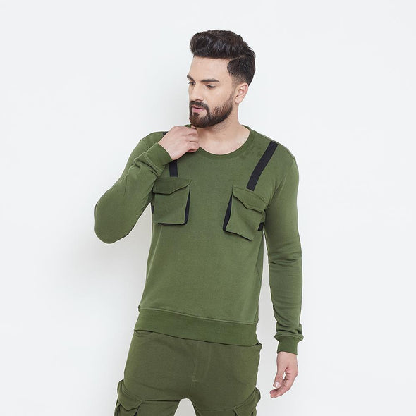 Olive Chest Pocket Taped Sweatshirt Sweatshirts - Fugazee