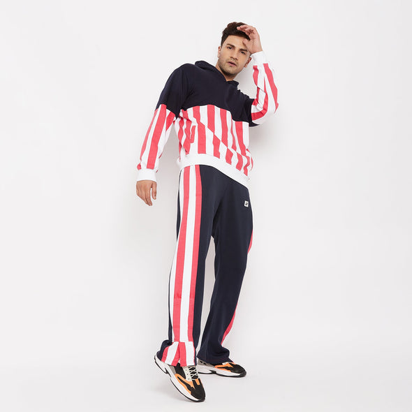 Navy Stripped Hooded Sweatshirt & Boot-Cut Trackpants Clothing Set