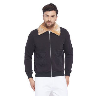Black Fleece Fur Collar Bomber Jacket