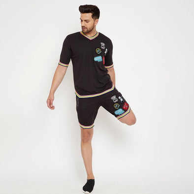Black Mesh Tattooed Taped Tshirt and Shorts Combo Suit
