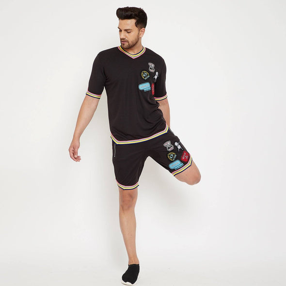 Black Mesh Tattooed Taped Tshirt and Shorts Combo Suit