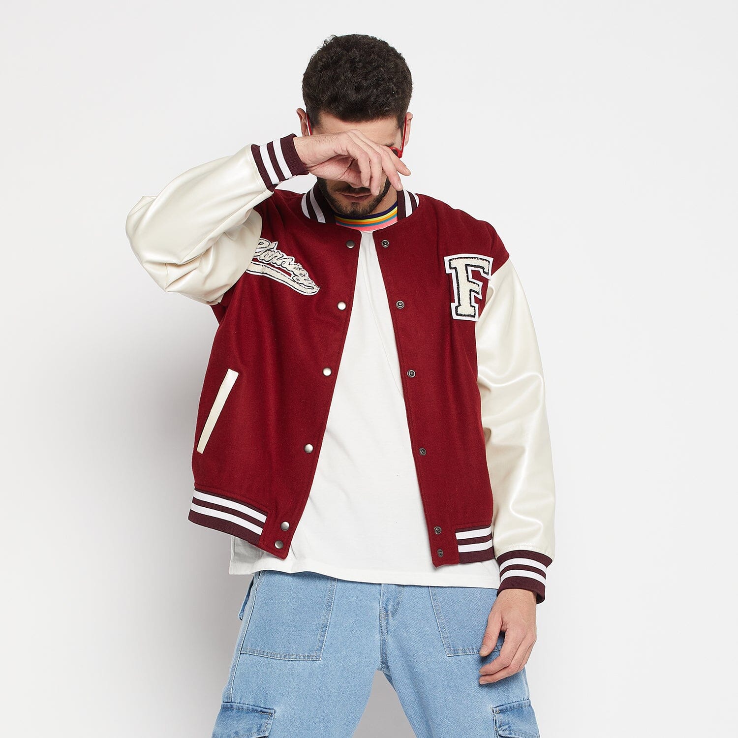 M Badge Faux Leather Sleeve Varsity Jacket