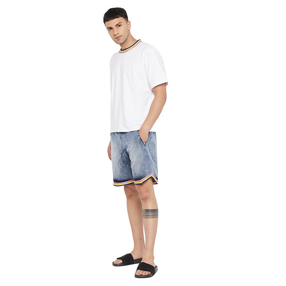 White Oversized Rainbow Neck Tshirt and Indigo Shorts Clothing Set