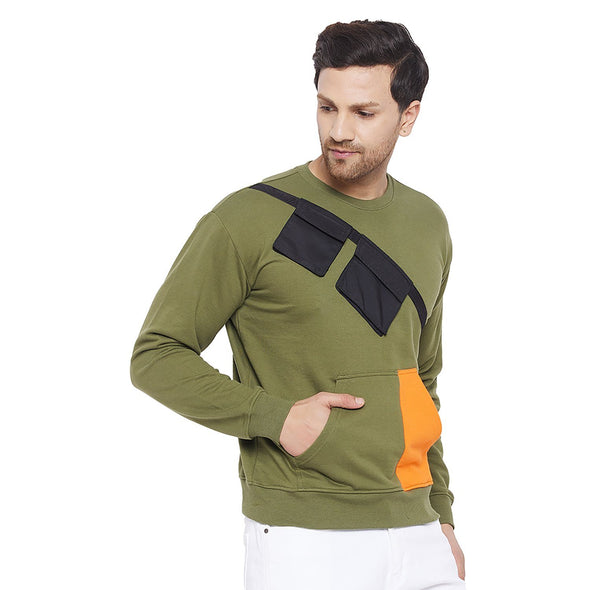 Olive Contrast Patch Pocket Sweatshirt