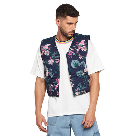 Navy Floral Print Sleeveless Puffer Jacket Jackets Fugazee 