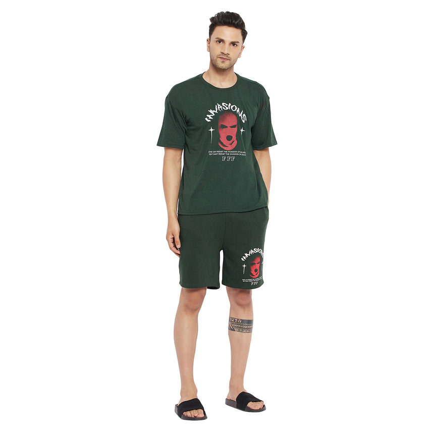 Moss Green Invasions Printed Tshirt & Shorts Clothing Set