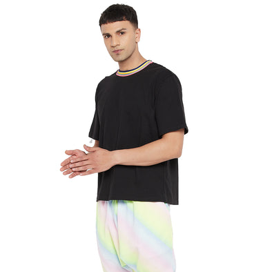 Black Oversized Rainbow Neck Tshirt
