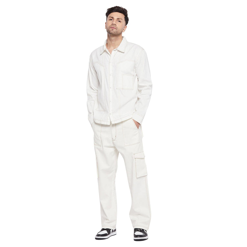 White Contrast Stich Carpenter Shirt & Cargo Pants Clothing Set