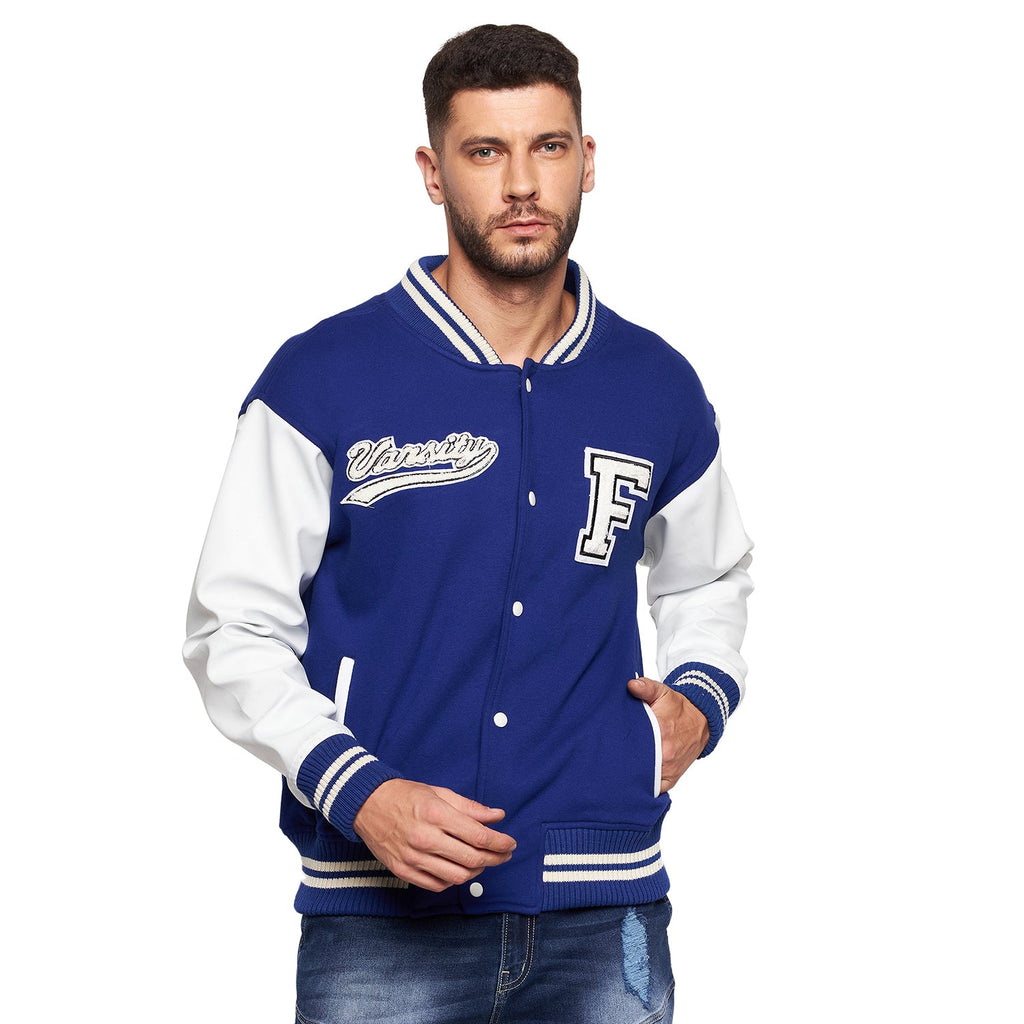 Royal Blue Fleece Faux Leather Sleeves Varsity Jacket | Buy Men Jacket ...