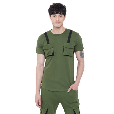 Olive Chest Pocket Taped Tee T-Shirts - Fugazee