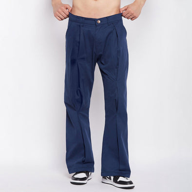 Navy Pleated Flared Trousers