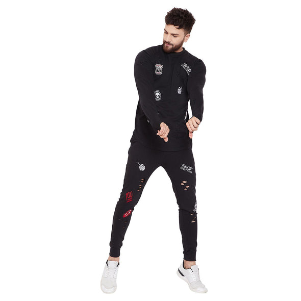 Black Patched Distressed Sweatshirt and Joggers Combo Suit Suits - Fugazee