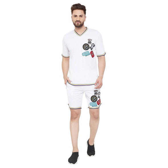 White Mesh Tattooed Taped Tshirt and Shorts Combo Suit