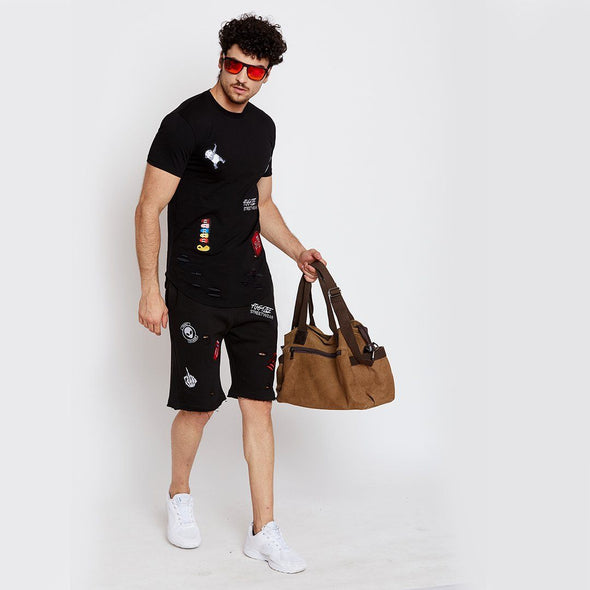 Black Patched Distressed Combo Summer Suit Suits - Fugazee