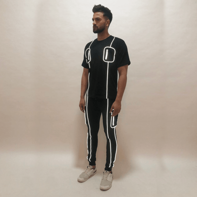 Black Chest Pocket Reflective Piping Tshirt and Joggers Combo Suit Suits - Fugazee