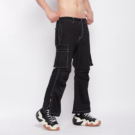 Black Contrast Stitch Flared Cargo Pants Trousers Fugazee 