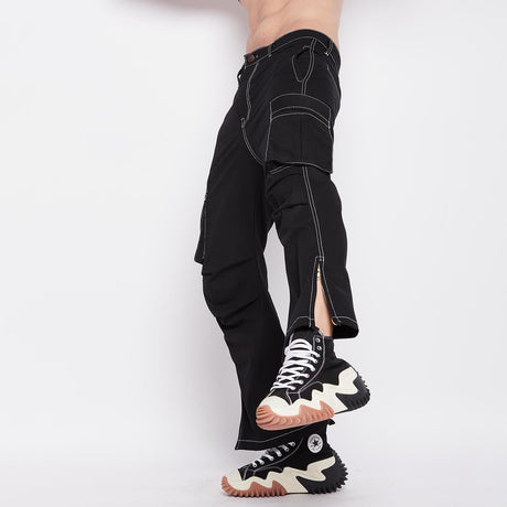 Black Contrast Stitch Flared Cargo Pants Trousers Fugazee 