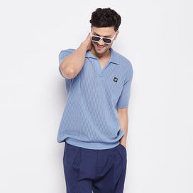 Sky Blue Textured Knit Polo T-Shirt