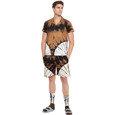 Brown Tie & Dye Cuban Shirt & Shorts Combo Set With Matching Socks