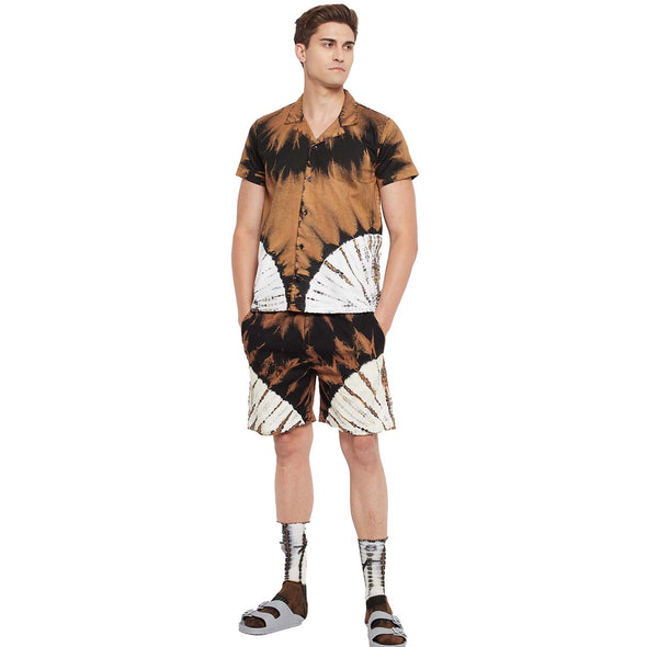 Brown Tie & Dye Cuban Shirt & Shorts Combo Set With Matching Socks