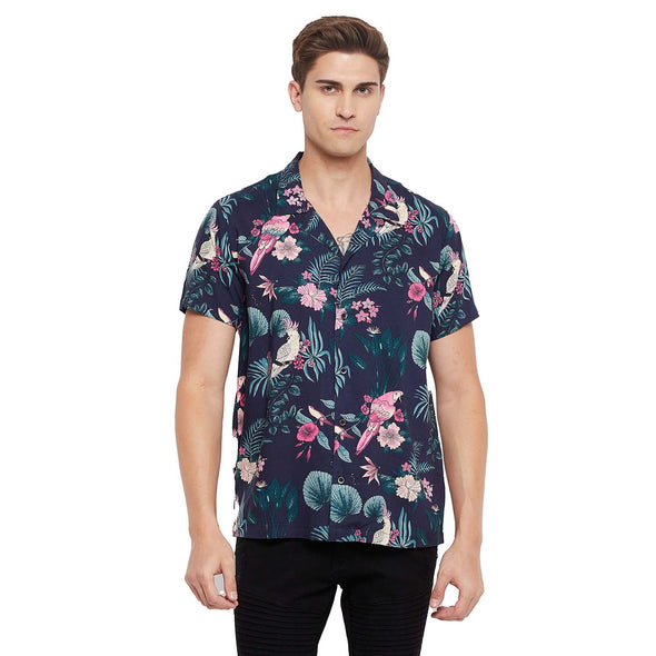 Navy Floral Print Cuban Shirt