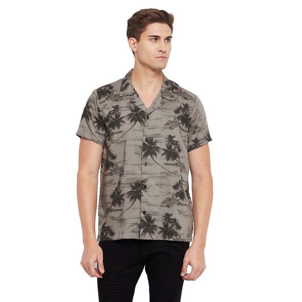 Grey Palm Print Cuban Shirt
