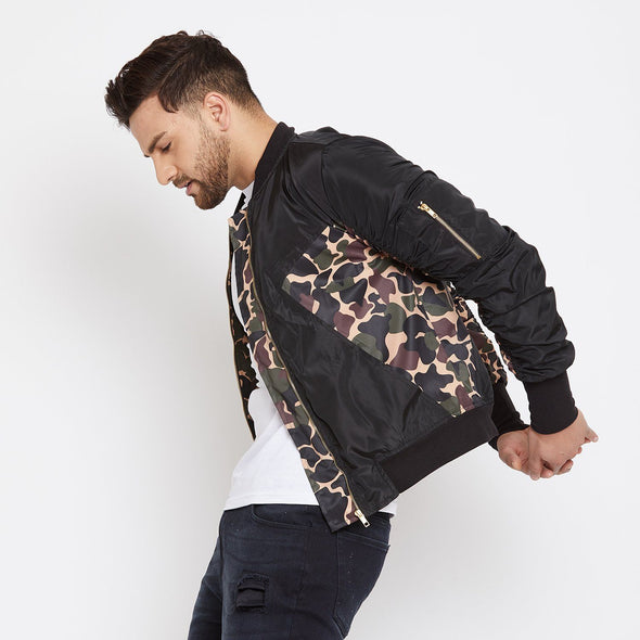 Camo on Black Nylon Gathered Sleeves Bomber Jacket