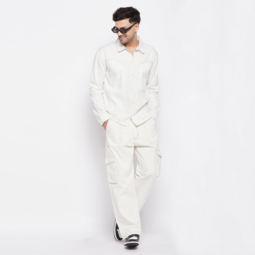 White Contrast Stich Carpenter Shirt & Cargo Pants Clothing Set
