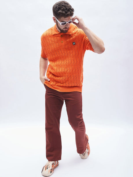 Burnt Orange Textured Knitted Polo Tshirt