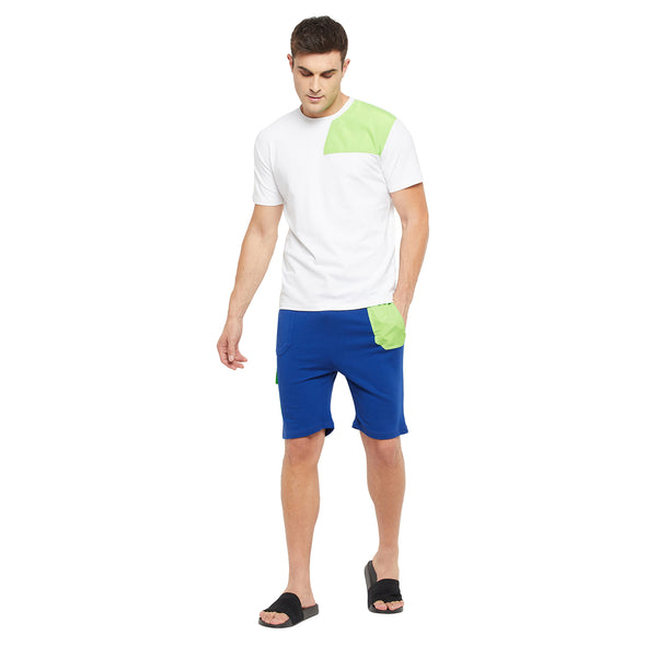 White Lime Patch Crew Neck Tshirt and Blue Shorts Combo Clothing Set