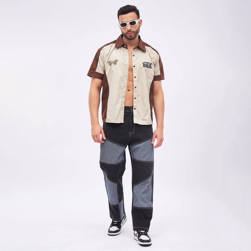 Black Reversed Cut-Sew Panel Denim