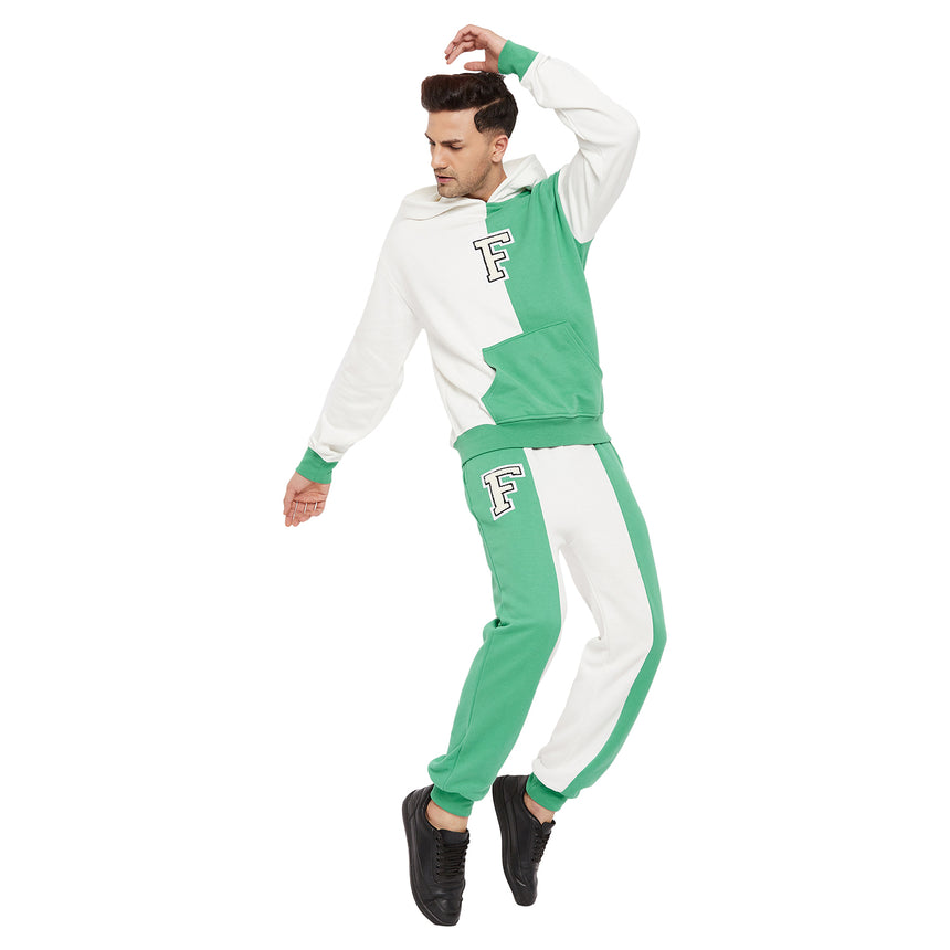 Green And White Cut-Sew Hoodie & Joggers Combo Tracksuit
