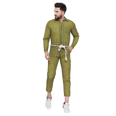 Olive Full Sleeves Pigment Washed Jumpsuit Jumpsuit - Fugazee