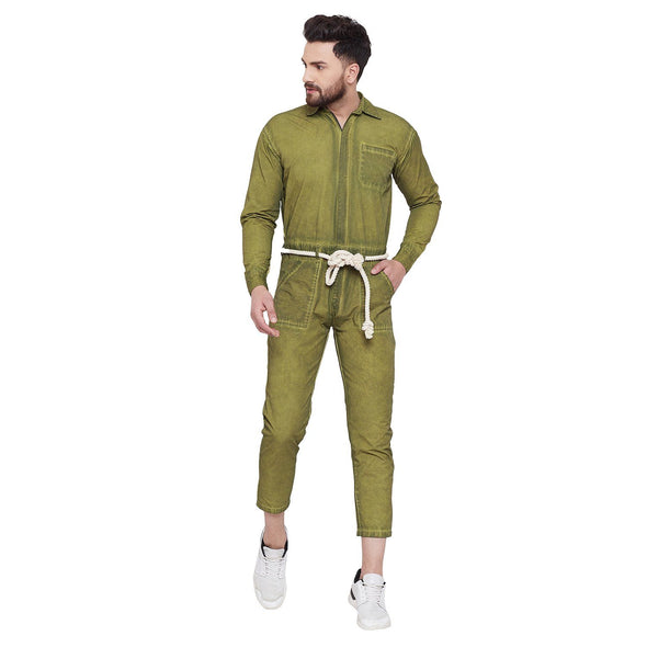 Olive Full Sleeves Pigment Washed Jumpsuit Jumpsuit - Fugazee
