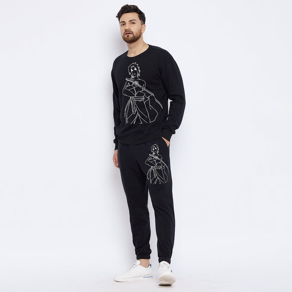 Black Naruto Print Oversized Sweatshirt and Trackpants Clothing Set