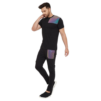 Black Rainbow Reflective Patched Tshirt and Trackpants Combo Set