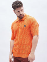 Burnt Orange Textured Knitted Polo Tshirt