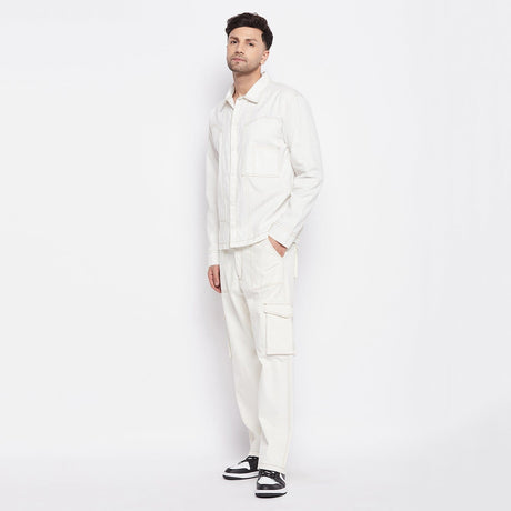 White Contrast Stich Carpenter Shirt & Cargo Pants Clothing Set Clothing Set Fugazee 