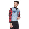 Denim Jacket with Checkered Flannel Sleeves Jackets - Fugazee