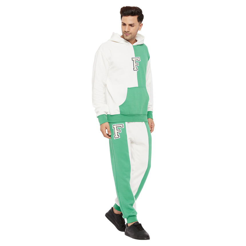 Green And White Cut-Sew Hoodie & Joggers Combo Tracksuit