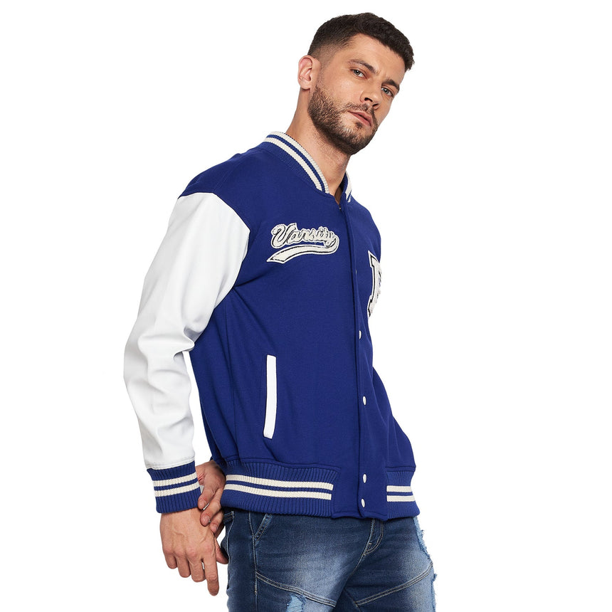 Royal Blue Fleece Faux Leather Sleeves Varsity Jacket