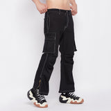 Black Contrast Stitch Flared Cargo Pants Trousers Fugazee 