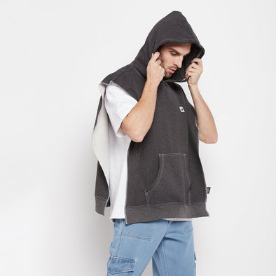 Charcoal Sleeveless Slit Open Hoodie with under T-shirt