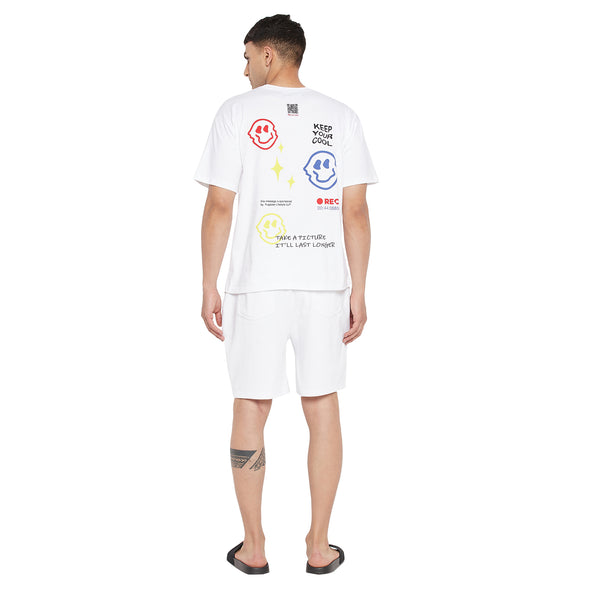 White Smiley Oversized Graphic Tshirt & Shorts Combo Set
