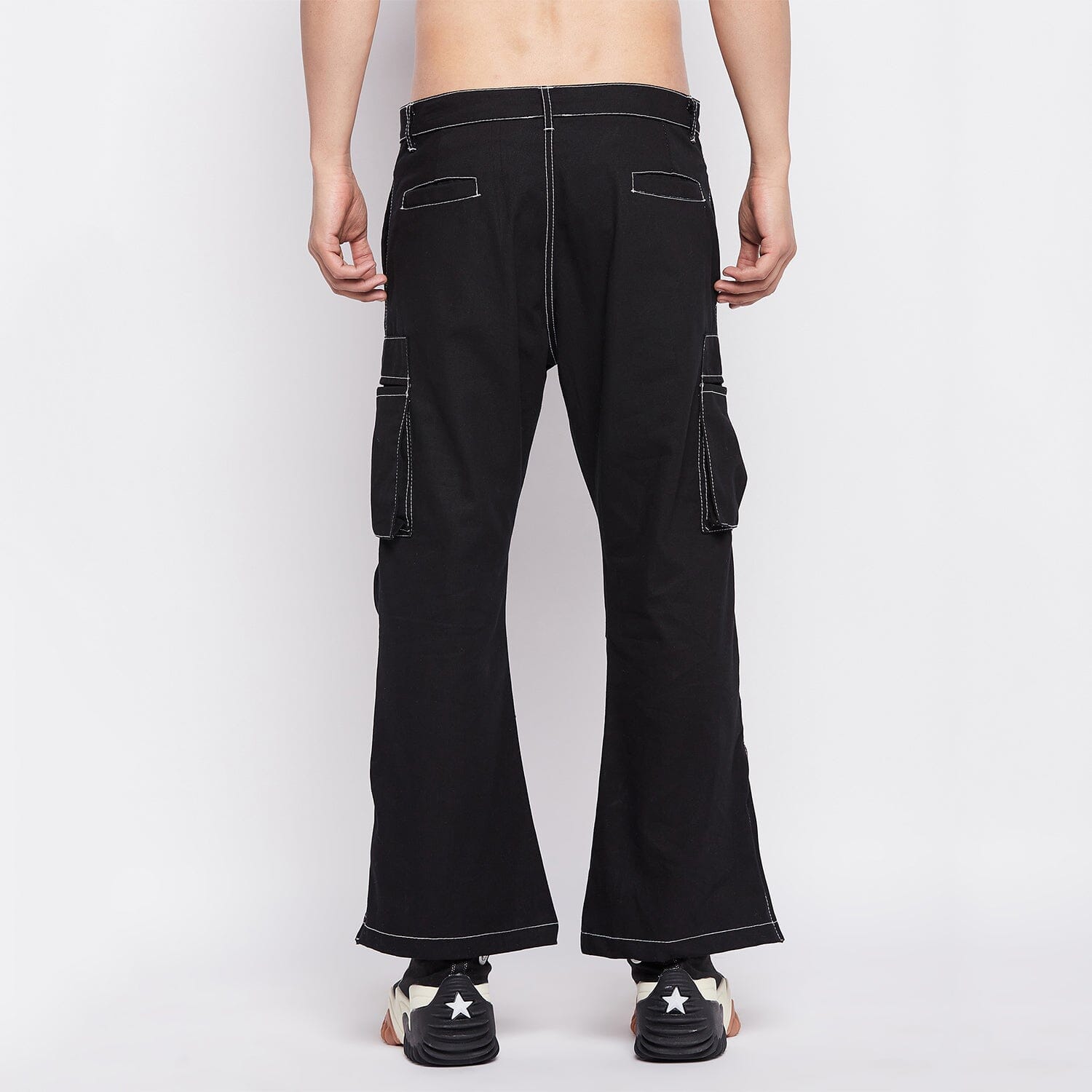 Black Contrast Stitch Flared Cargo Pants | Buy Trousers | Fugazee – FUGAZEE