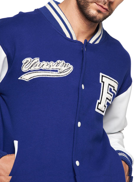 Royal Blue Fleece Faux Leather Sleeves Varsity Jacket