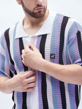 Lilac Striped Knitted Bowling Shirt Shirts Fugazee 