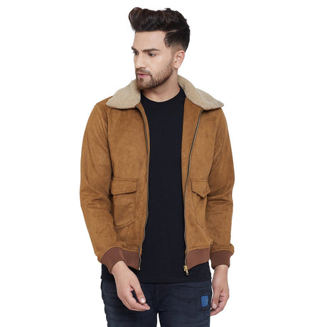 Coffee Scuba Suede Faux Fur Collared Jacket