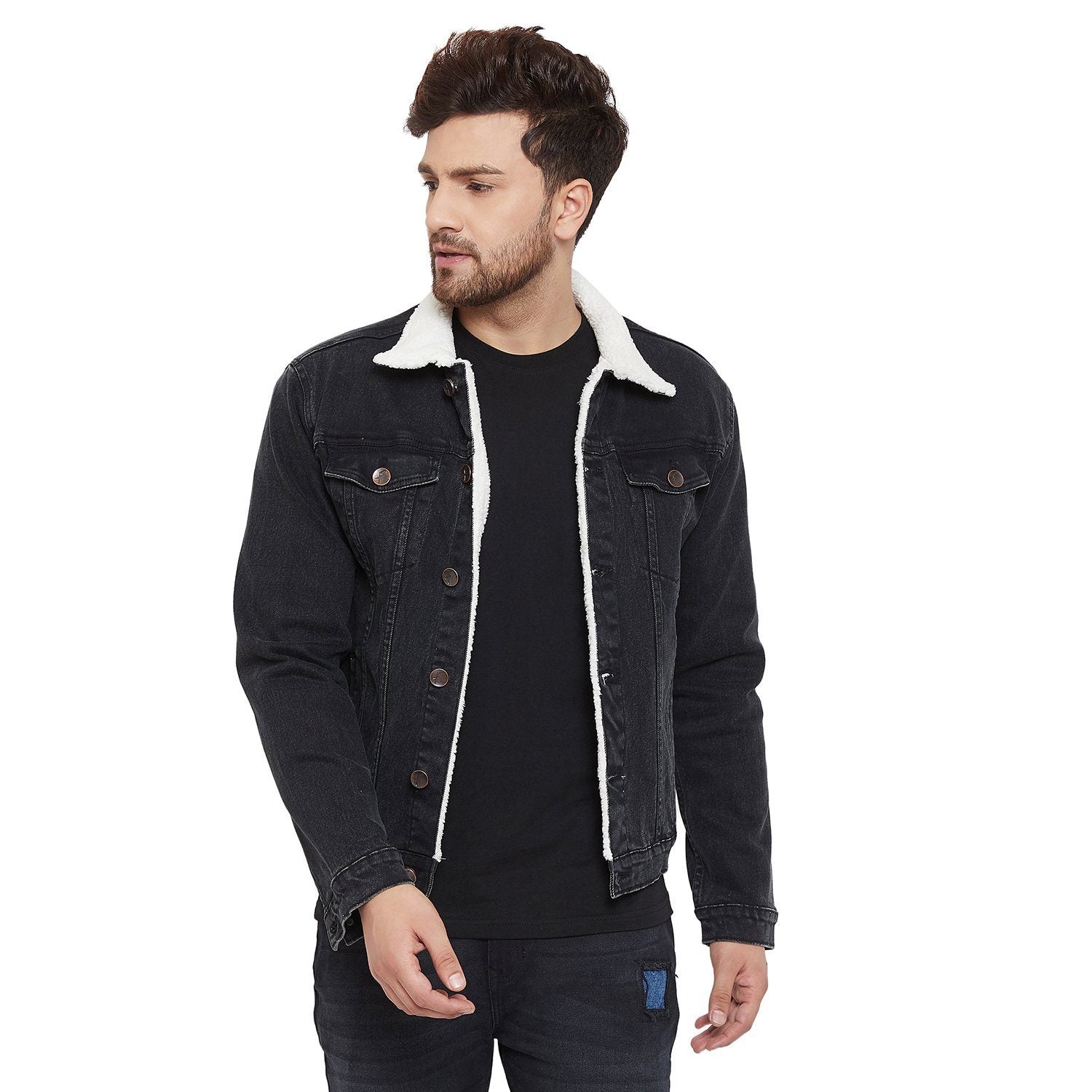 all black outfit with denim jacket men